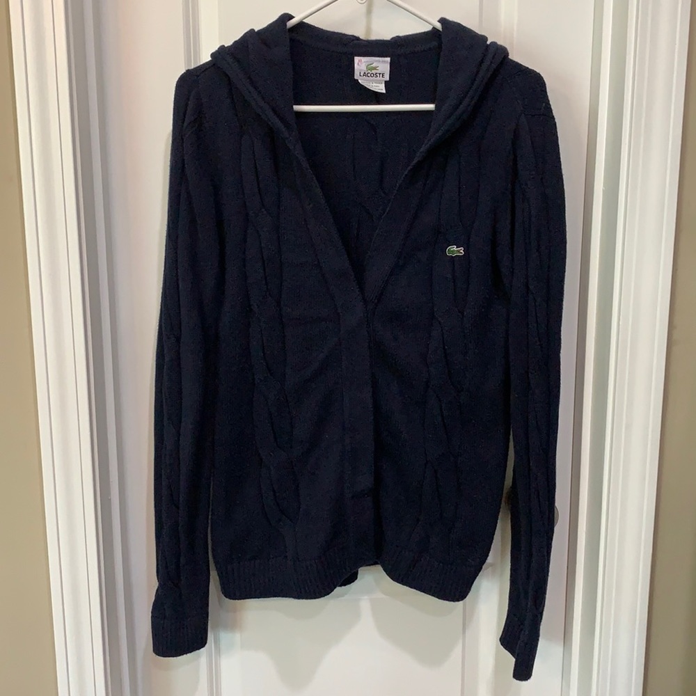 Cable Knit Lacoste Hooded Button Up Sweater